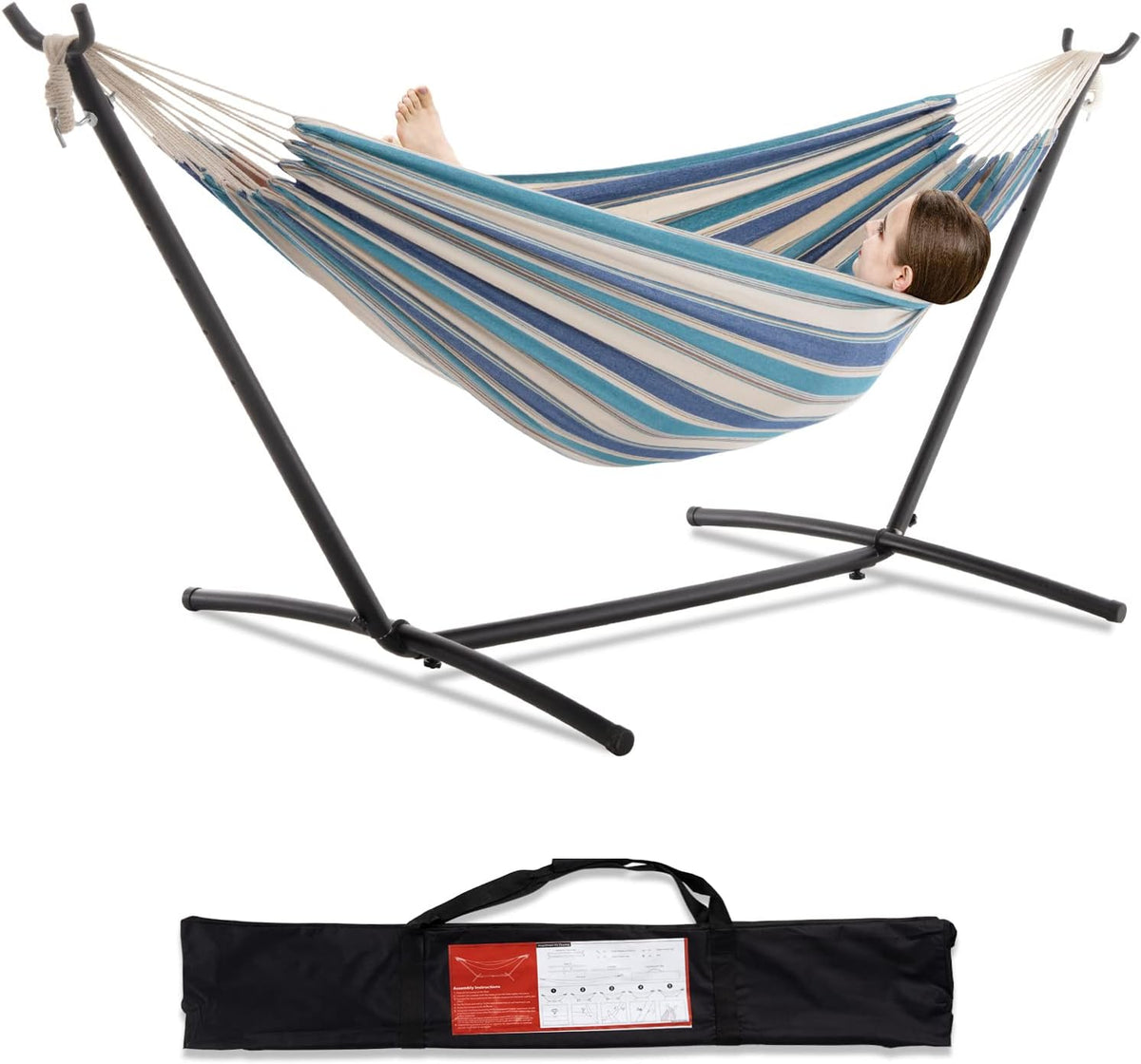 Brazilian Style Double Hammock with Stand 🌴 | 10-Min Setup, 450lbs Capacity
